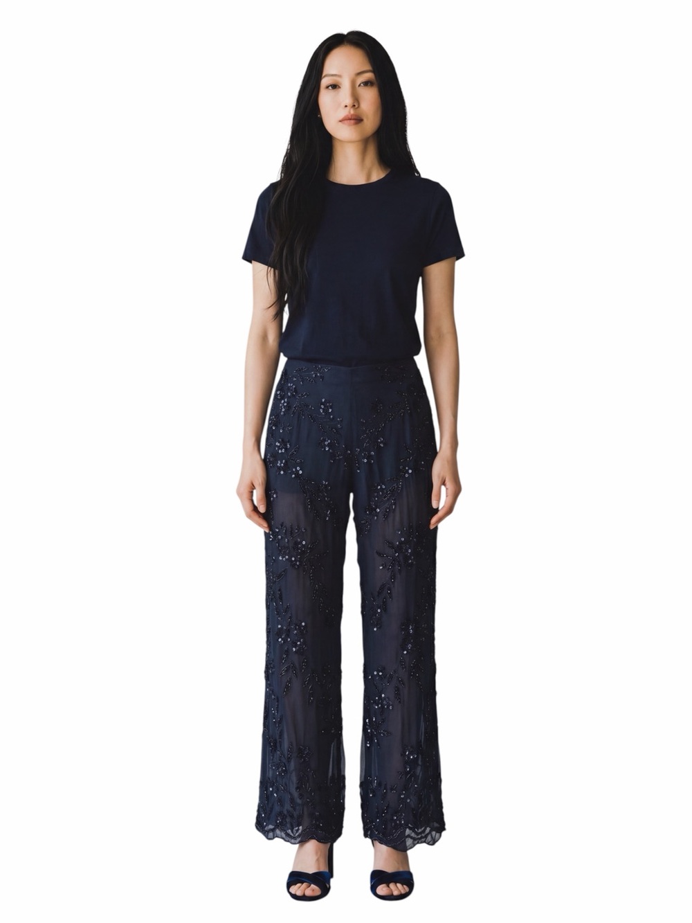 EMMA BLACK VINTAGE SILK SEQUINED PANTS.